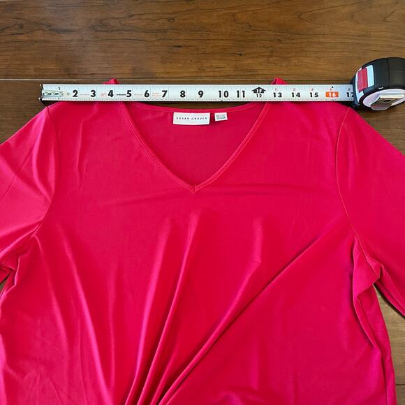 Susan Graver Liquid Knit VNeck Top W/ Draped Detail Hibiscus Large Tunic Blouse - Picture 6 of 10